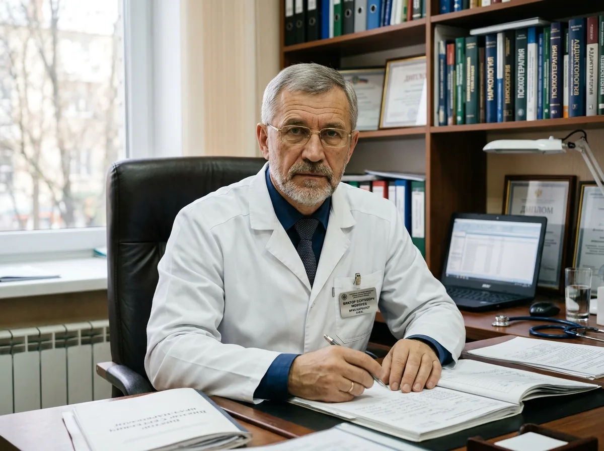 Нарколог Виктор Сергеевич Морозов — мужчина около 50 лет, серьёзный вид, белый халат, опытный специалист